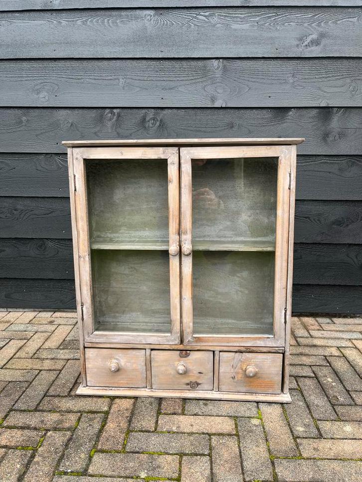 Vintage Houten Kast met Glas en Lades, Huis en Inrichting, Kasten | Buffetkasten, Gebruikt, 100 tot 150 cm, 25 tot 50 cm, Met lade(s)