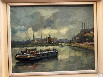 Olieverfschilderij binnenvaart schip gesigneerd beschikbaar voor biedingen