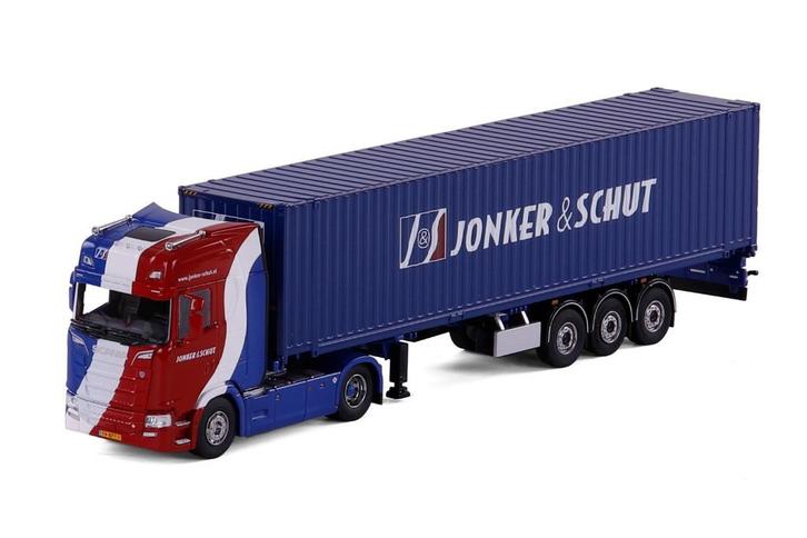 Scania S Highline met Containerchassis - Jonker & Schut, Hobby en Vrije tijd, Modelauto's | 1:50, Nieuw, Bus of Vrachtwagen, Overige merken