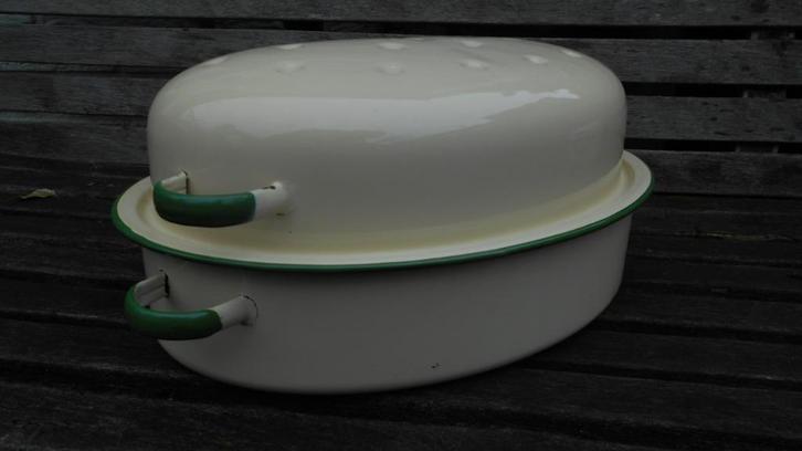 emaille schaal ovenpan vis pan creme groene bies 60-ties, Antiek en Kunst, Antiek | Emaille, Ophalen of Verzenden