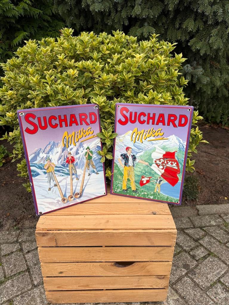 Milka Suchard emaille reclameborden set van 2, Reclamebord, Gebruikt, ., Ophalen of Verzenden