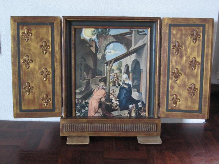 Religieuze afbeelding in een kastje, drieluik, Antiek en Kunst, Antiek | Religie, Ophalen of Verzenden