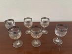 Antieke glazen met spiraalgravering en zilveren randjes. 6*., Antiek en Kunst, Antiek | Glas en Kristal, Ophalen of Verzenden