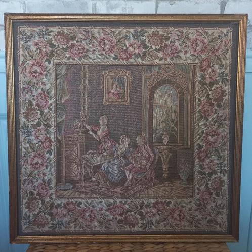 Romantisch bloemen gobelin adellijke dames en heer in lijst, Antiek en Kunst, Antiek | Woonaccessoires, Ophalen of Verzenden