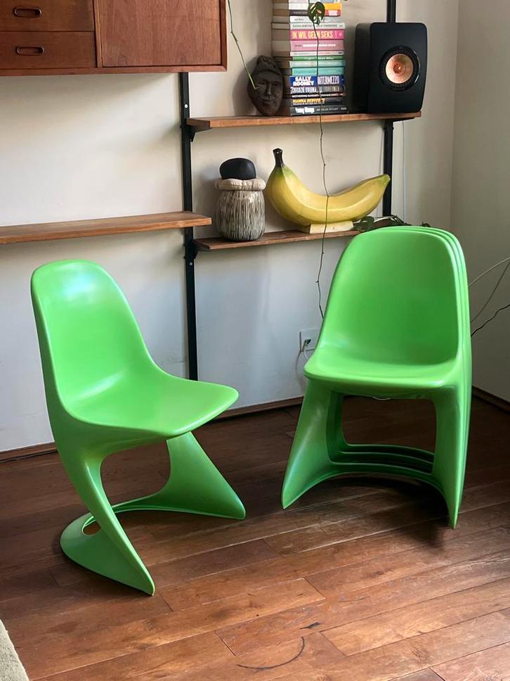 4 Cassalino Stoelen - Felgroen - Vitra Space Age, Huis en Inrichting, Stoelen, Gebruikt, Vier, Kunststof, Overige kleuren, Ophalen