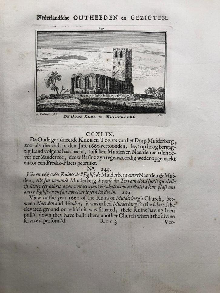 249 / Muiderberg de Oude Kerk Kopergravure 1732, Antiek en Kunst, Kunst | Etsen en Gravures, Ophalen of Verzenden