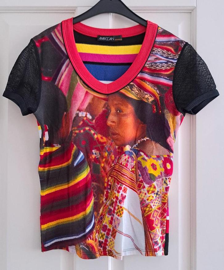 MarcCain marc cain kleurrijk shirt + gaas mouw N3 M 45302, Kleding | Dames, T-shirts, Zo goed als nieuw, Maat 38/40 (M), Rood