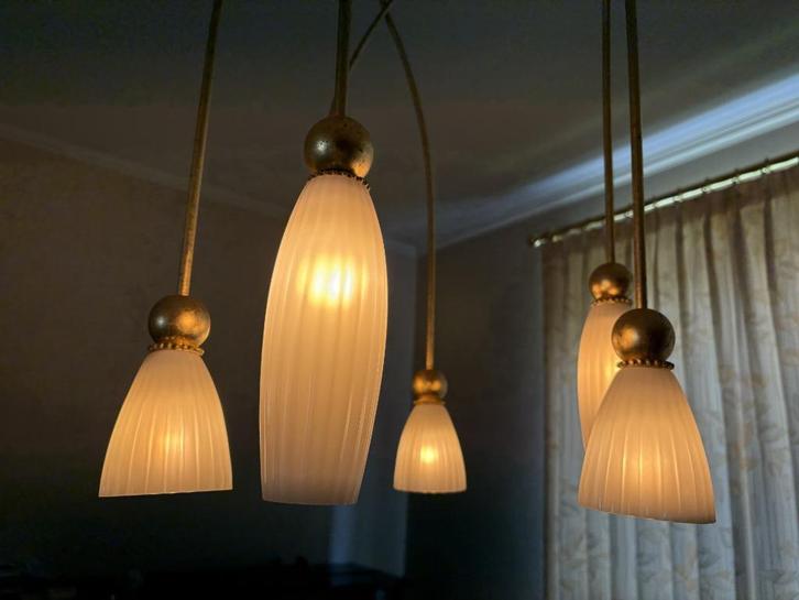 Zesarmige hanglamp, Huis en Inrichting, Lampen | Hanglampen, Zo goed als nieuw, 75 cm of meer, Glas, Metaal, Ophalen
