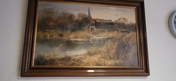 Schilderij: Landschap met kerk en water, Antiek en Kunst, Kunst | Schilderijen | Klassiek, Ophalen of Verzenden