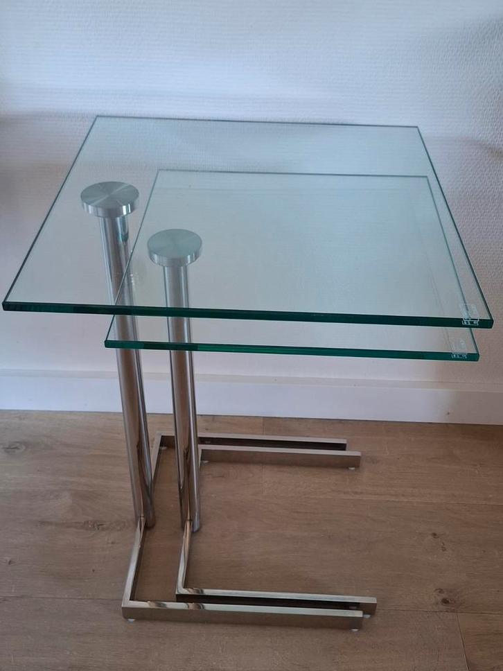 Schome Glazen Bijzettafeltjes - Chroom, Huis en Inrichting, Tafels | Bijzettafels, Gebruikt, Vierkant, 45 tot 60 cm, Minder dan 55 cm