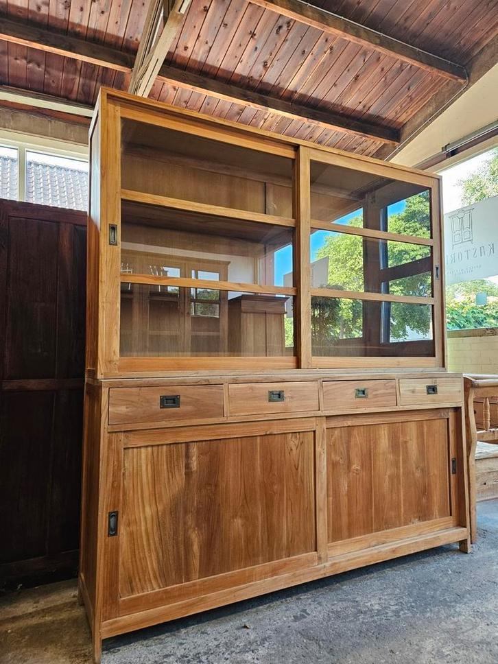 Prachtige Teakhouten Buffetkast / Boekenkast / Vitrinekast, Huis en Inrichting, Kasten | Vitrinekasten, Zo goed als nieuw, 200 cm of meer