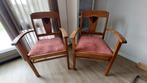 Twee vintage houten stoelen met stoffen zitting, Huis en Inrichting, Stoelen, Ophalen, Gebruikt, Twee, Bruin