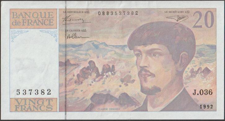 Frankrijk 20 francs 1992 VF+ p.151f (# 239), Postzegels en Munten, Bankbiljetten | Europa | Niet-Eurobiljetten, Los biljet, Frankrijk