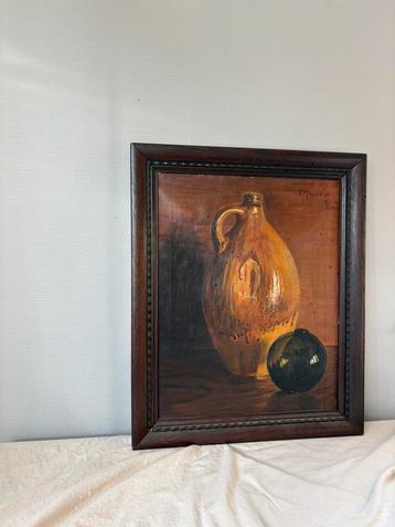 Antiek olieverf op linnen schilderij stilleven  E Masseus beschikbaar voor biedingen