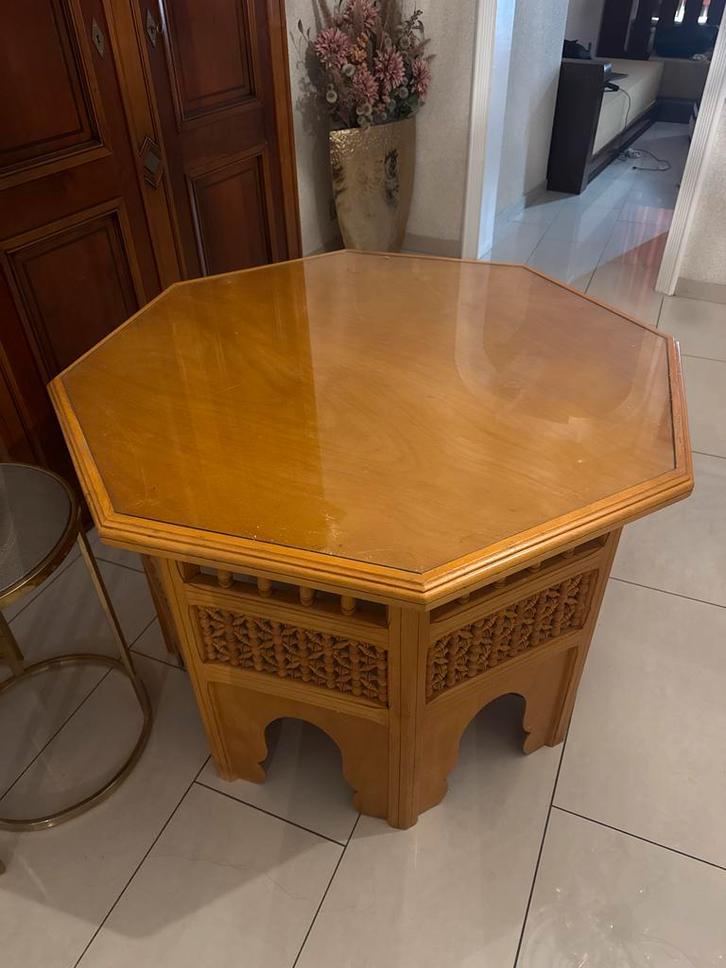 Houten tafel met 3 bijzet tafels - Marokkaanse stijl, Huis en Inrichting, Tafels | Bijzettafels, Gebruikt, Overige vormen, 60 cm of meer