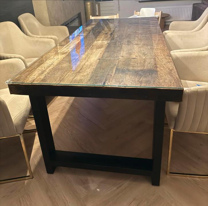 Houten Eettafel incl Glasplaat, Huis en Inrichting, Tafels | Eettafels, Zo goed als nieuw, 50 tot 100 cm, 200 cm of meer, Vijf personen of meer