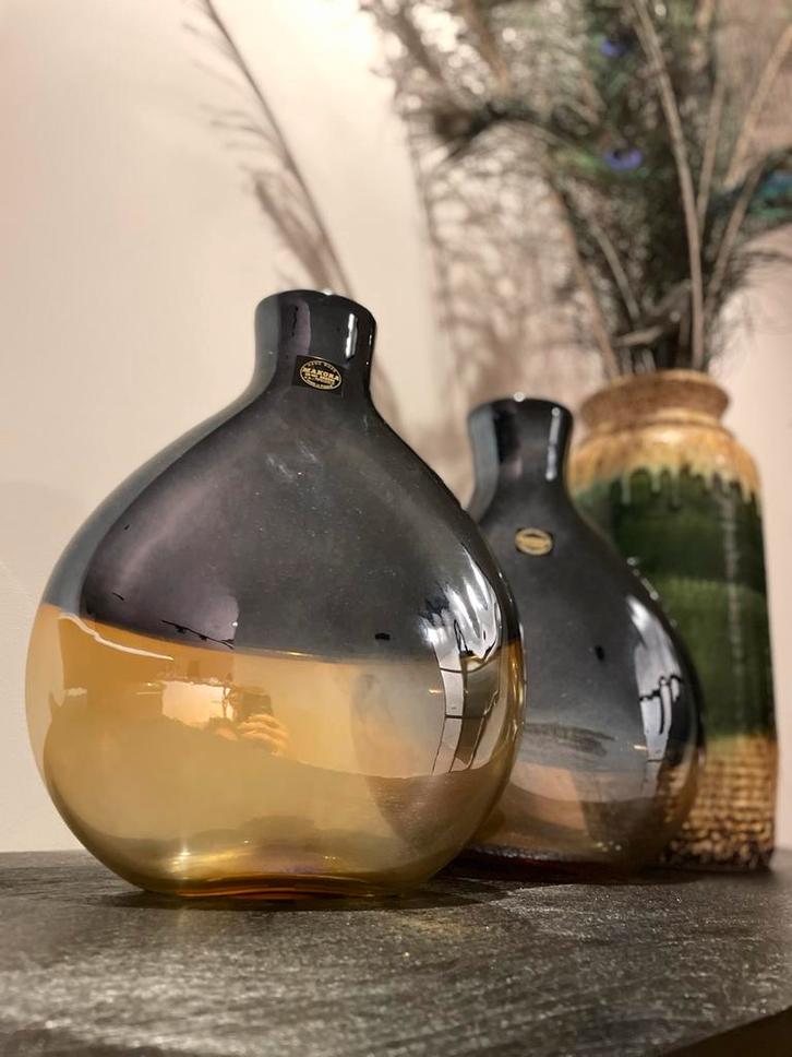 Zeldzame Makora Krosno Handgeblazen Glazen Vazen - Art Deco, Huis en Inrichting, Woonaccessoires | Vazen, Gebruikt, Zwart, Minder dan 50 cm