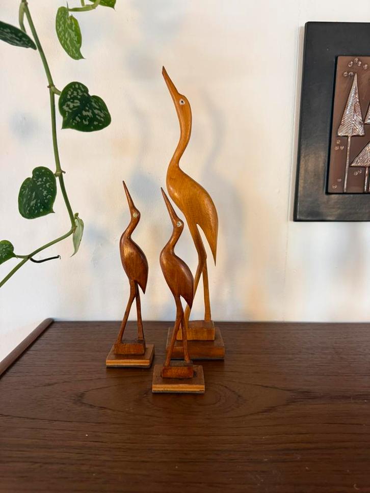 Set van 3 vintage teakhouten reigers ‘60, Verzamelen, Beelden en Beeldjes, Zo goed als nieuw, Dier, Ophalen of Verzenden