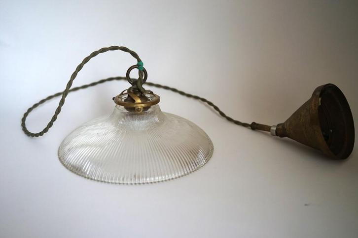 vintage antiek holophane hanglamp glas ribbel stof snoer g, Huis en Inrichting, Lampen | Hanglampen, Gebruikt, 75 cm of meer, Glas
