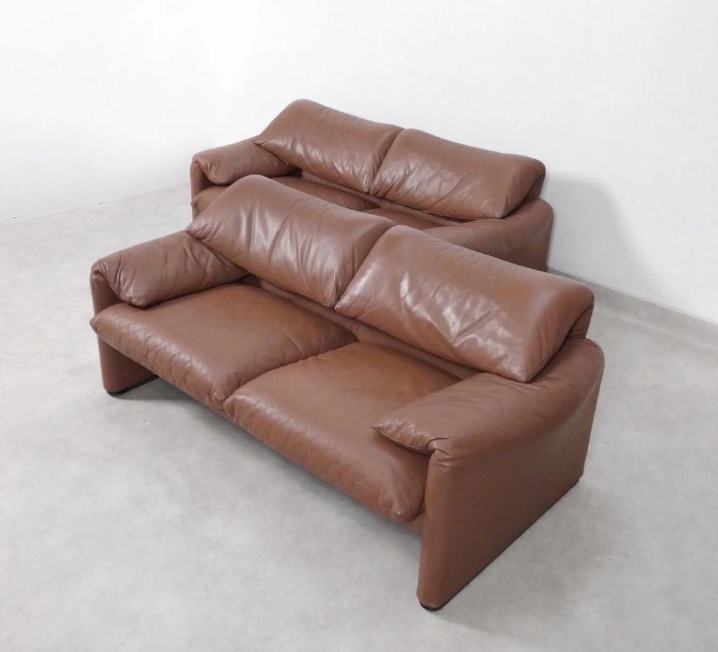 Cassina Maralunga 2 zit sofa's - mokka leder, Gebruikt, 150 tot 200 cm, Tweepersoons, Ophalen of Verzenden