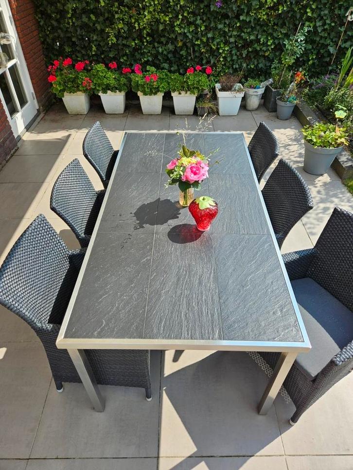 Mooie antraciet rvs tuinset met 6 stoelen 4 Seasons, Tuin en Terras, Tuinsets en Loungesets, Zo goed als nieuw, Tuinset, Aluminium