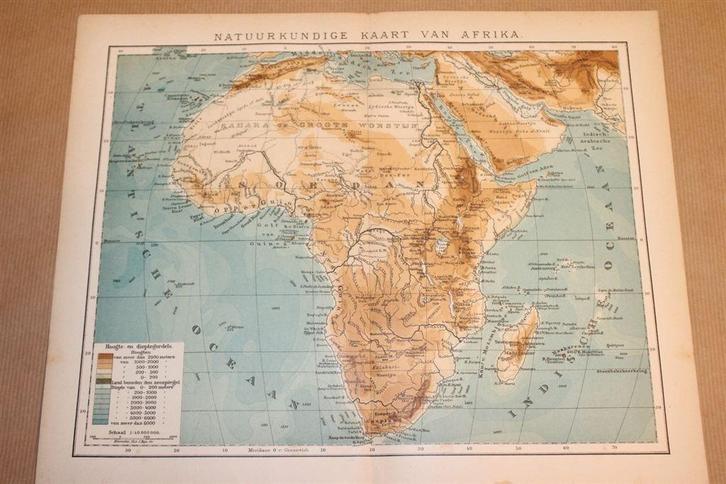 Antieke kaart - Afrika Natuurkundig - Circa 1900, Boeken, Atlassen en Landkaarten, Zo goed als nieuw, Landkaart, Nederland, 1800 tot 2000
