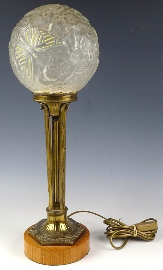 Franse Art Deco Lamp (ca.1930) Hanots-Glas en voet van Brons, Antiek en Kunst, Antiek | Lampen, Ophalen of Verzenden