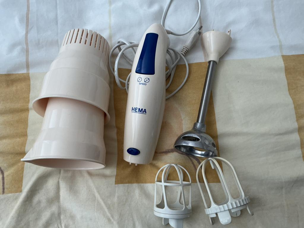 Elektronische RVS-staafmixer met bekers en extra mixschijf., Ophalen of Verzenden, Zo goed als nieuw, Blender