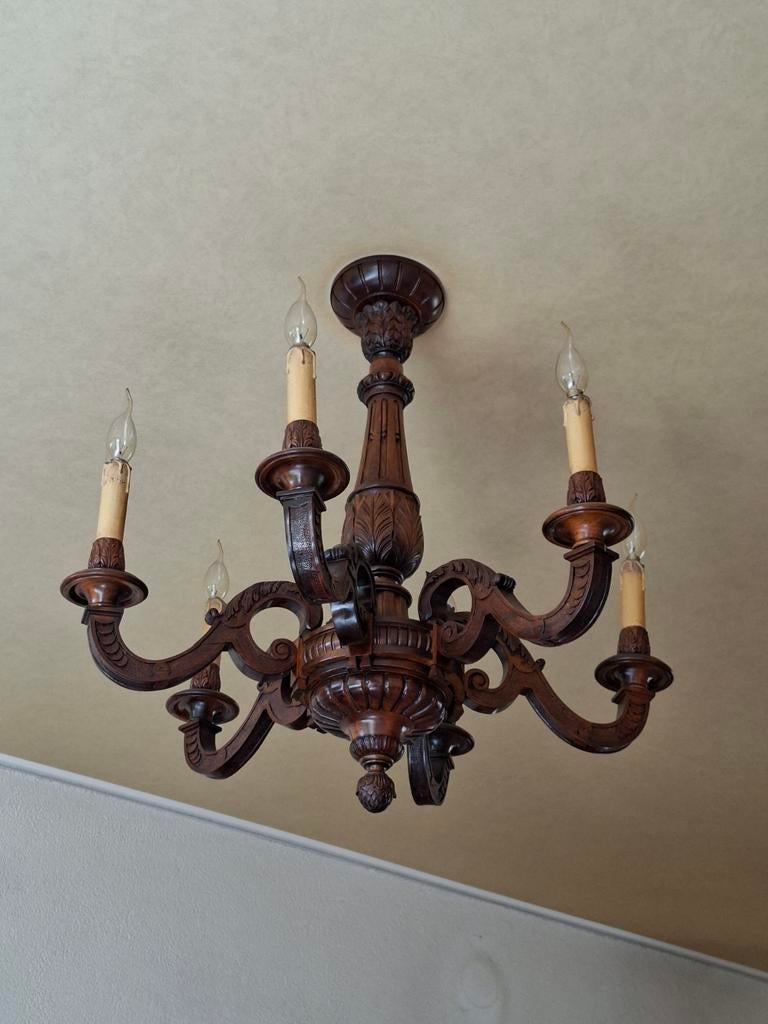 Antieke houten kroonluchter met 6 armen, Ophalen, Gebruikt, Hout, Klassiek, Antiek, Rustiek