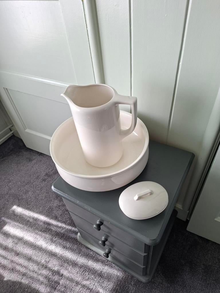 Vintage waskom en kan set - Crèmekleurig keramiek, Antiek en Kunst, Ophalen of Verzenden