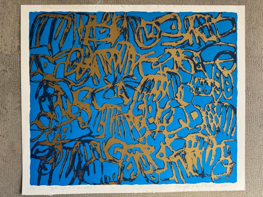 Birgit van Bracht - Gold symbols in blue, gesigneerd, Ophalen of Verzenden