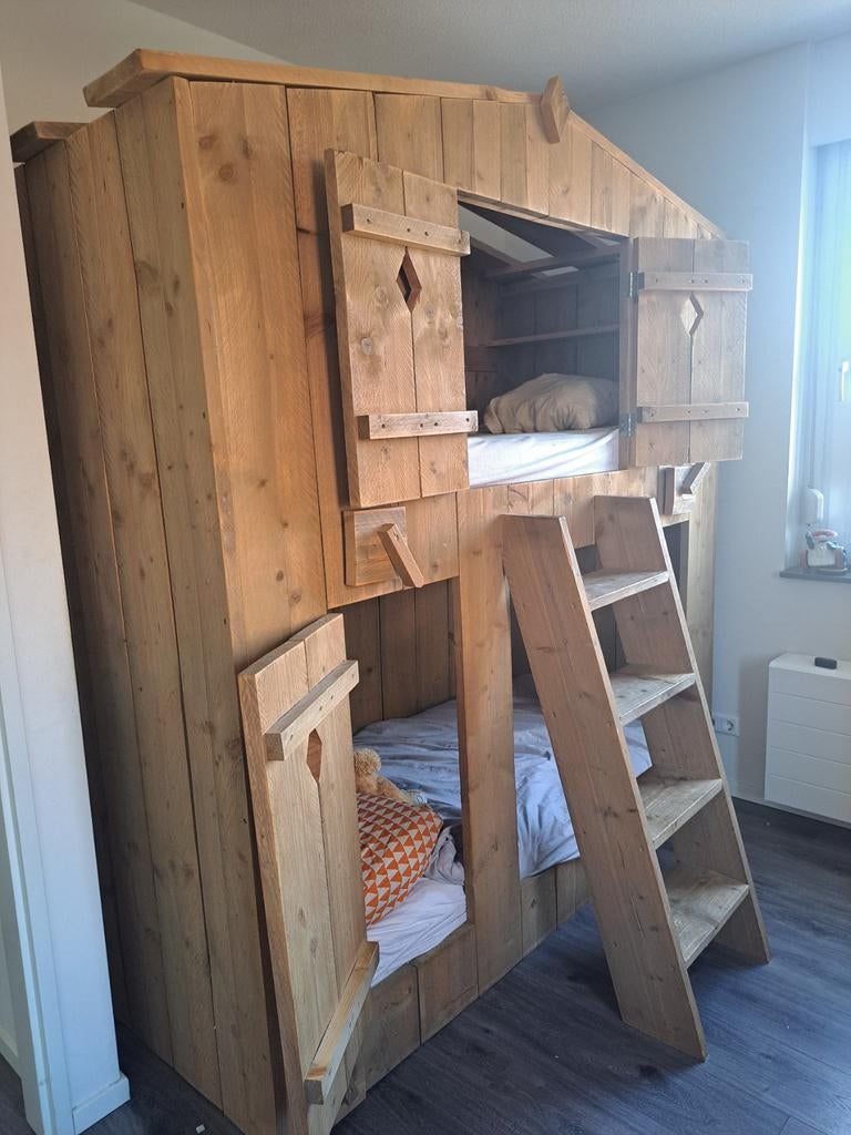 Steigerhouten Stapelbed Zomerzoen - Zo Goed Als Nieuw!, Ophalen, 90 cm, Eenpersoons, Zo goed als nieuw