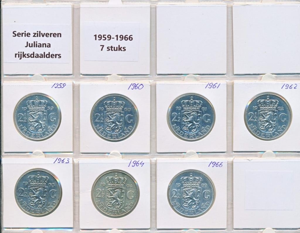 NL complete set 1959-1966 zilveren Juliana rijksdaalder 7pcs, Koningin Juliana, Setje, Zilver, Ophalen of Verzenden