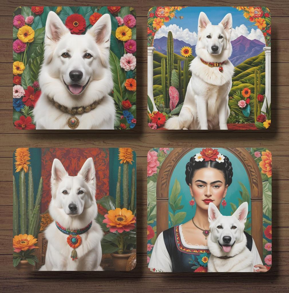 Zwitserse Witte Herder Frida Kahlo onderzetters met houder, Ophalen of Verzenden, Nieuw, Glas of Kopje