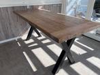 Teak houten bartafel met stalen X-poten (107x101x241 cm), Ophalen, Gebruikt
