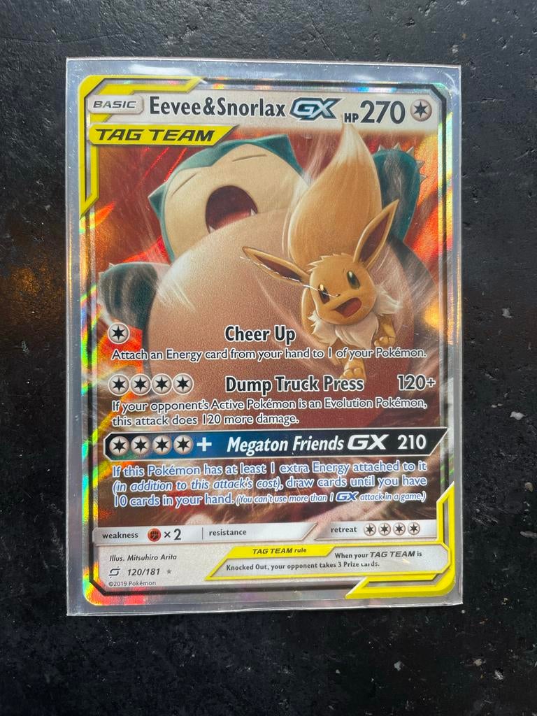 Eevee & Snorlax GX Pokémon kaart, Verzenden, Gebruikt, Losse kaart, Foil