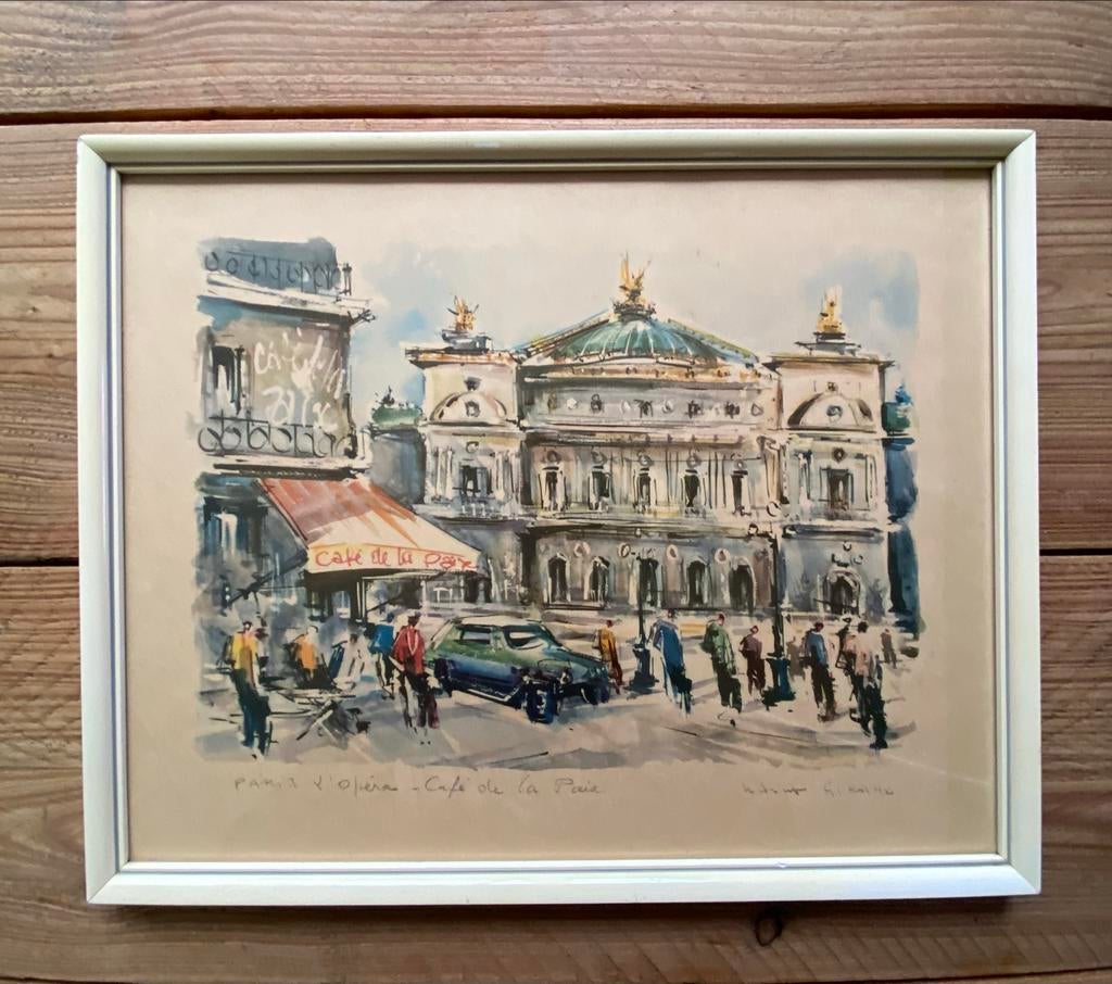 Vintage aquarel Parijs L'Opéra - Café de la Paix, Antiek en Kunst, Kunst | Tekeningen en Foto's, Ophalen of Verzenden