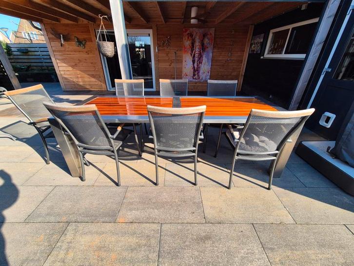 Zelfgemaakte RVS tuintafel met teakhout en 7 stoelen, Tuin en Terras, Tuinsets en Loungesets, Ophalen