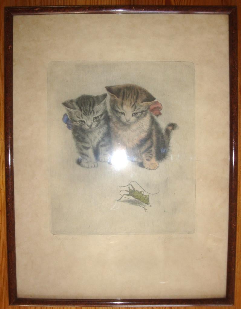 Ets kittens met sprinkhaan, ingekleurd, Meta Pluckebaum - We, Dagelijks leven, Ets, 43 cm, Ophalen of Verzenden