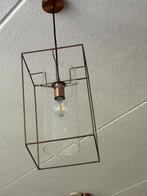 Hanglamp met koperkleurig frame en glazen cilinder, Ophalen of Verzenden, Gebruikt, Glas, 50 tot 75 cm