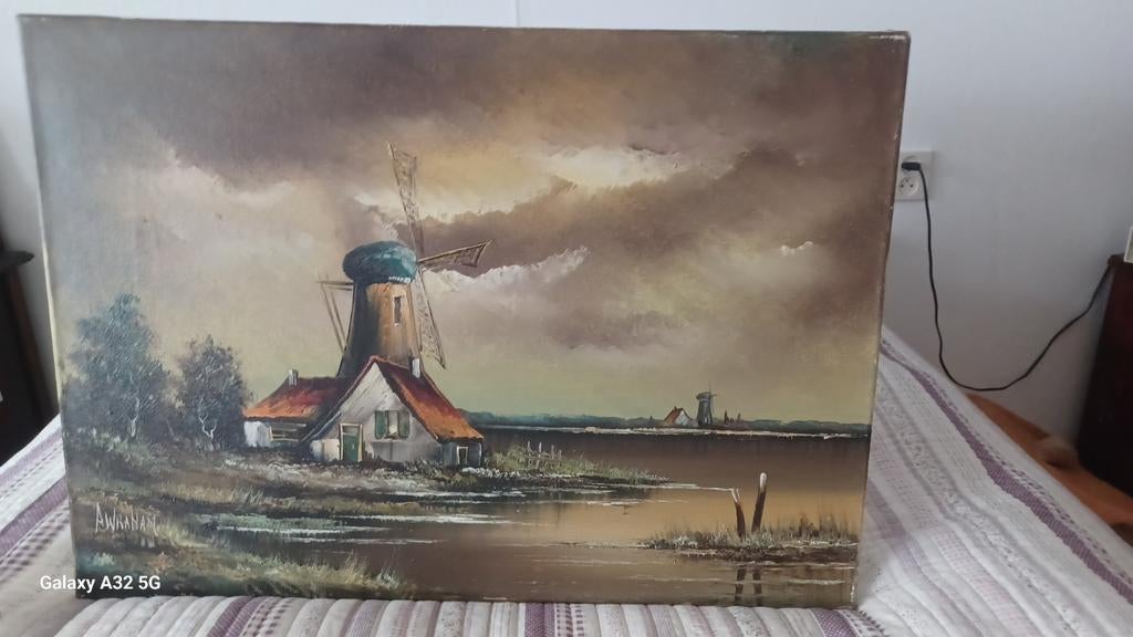Schilderij met molen en waterlandschap, Antiek en Kunst, Ophalen of Verzenden
