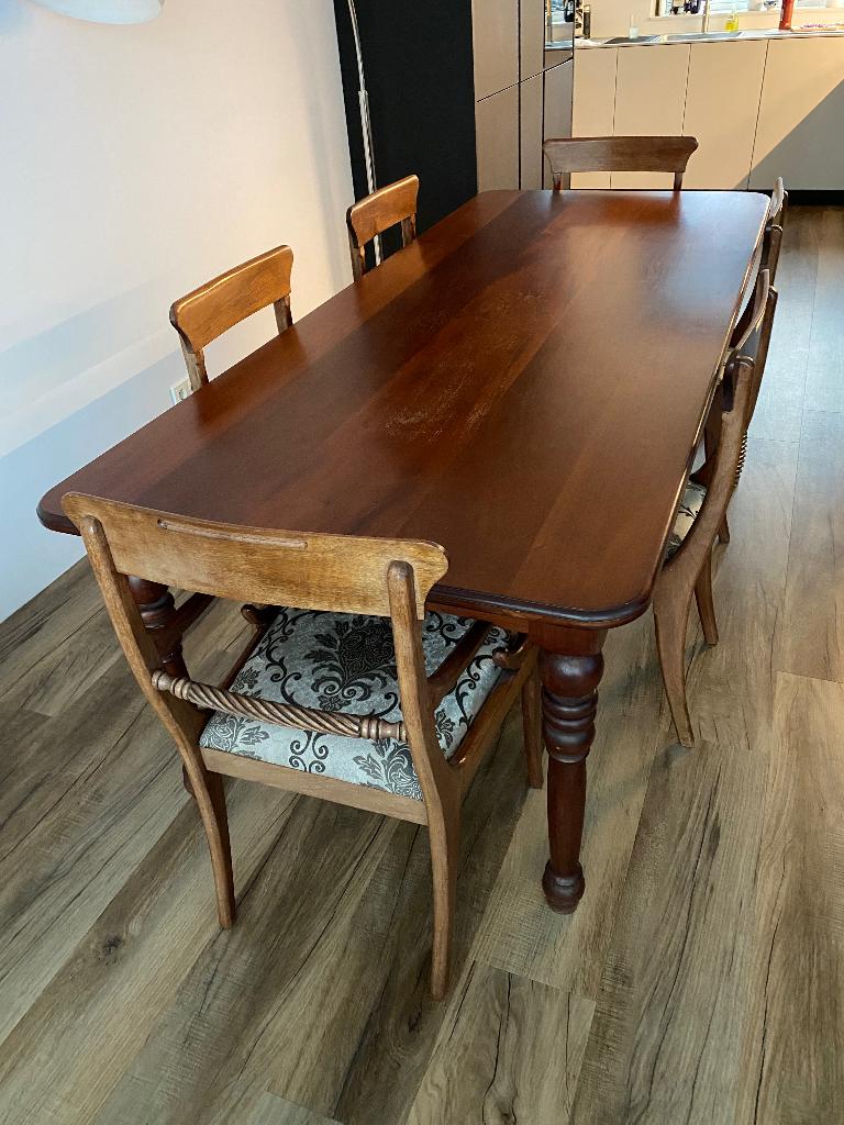 Massief Mahoniehouten eetkamertafel met 6 stoelen, Ophalen, Gebruikt, 50 tot 100 cm, 75 cm of meer