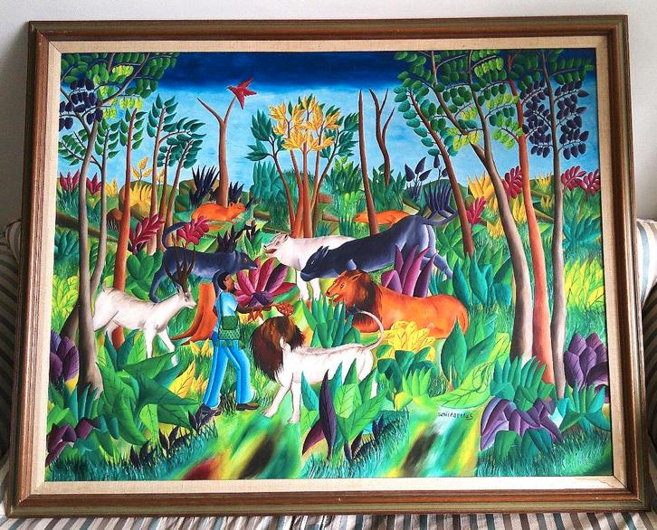 GROOT - Man met dieren in het oerwoud - Daniel Orelus, Antiek en Kunst, Kunst | Schilderijen | Klassiek, Ophalen