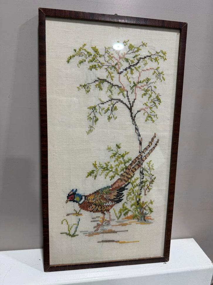 Borduurwerk Fazant in lijst, Antiek en Kunst, Kunst | Overige Kunst, Ophalen of Verzenden