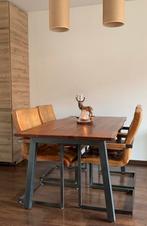 Nette Boomstamtafel met Eetkamerstoelen (4) Leer, Ophalen, Gebruikt, Industrieel, 4 tot 6 stoelen