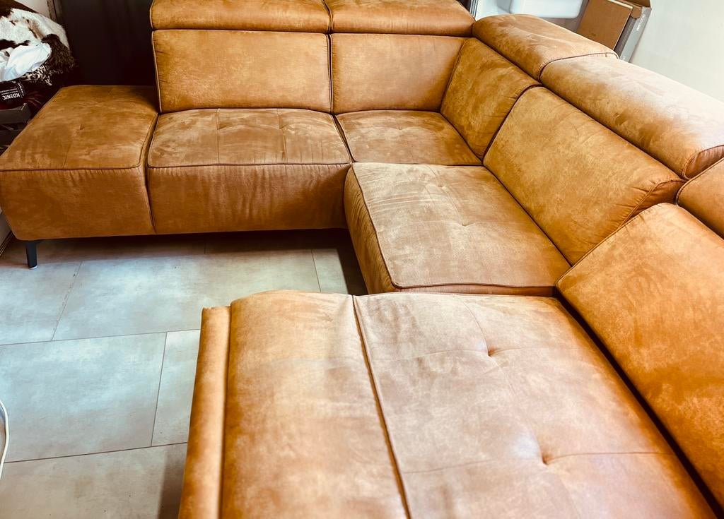Elektrische relax hoekbank leer in cognac, Ophalen of Verzenden, Zo goed als nieuw, Vierpersoons of meer