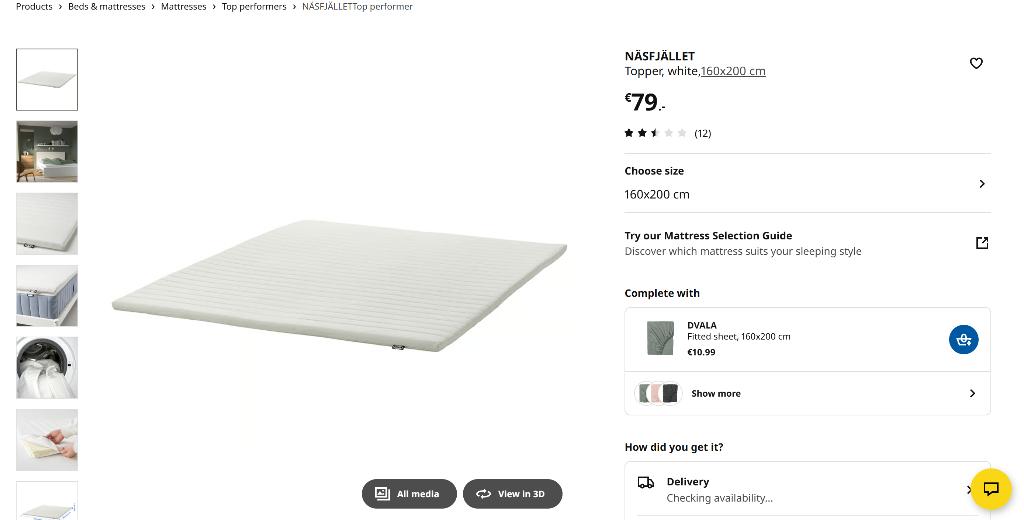 IKEA NÄSFJÄLLET Mattress Topper – 160  200 cm, Ophalen, Tweepersoons, Zo goed als nieuw, Bedbodem