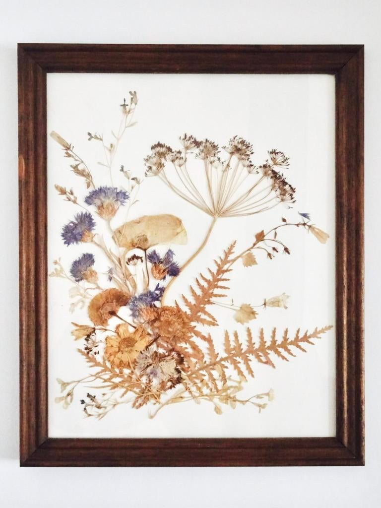 Grote vintage 70s lijst wit bruin hout droogbloemen bloemen, Ophalen, Gebruikt, 33 cm, Hout