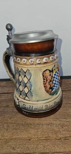 Vintage Handgeschilderde Bierpul met Tinnen Deksel, Ophalen of Verzenden