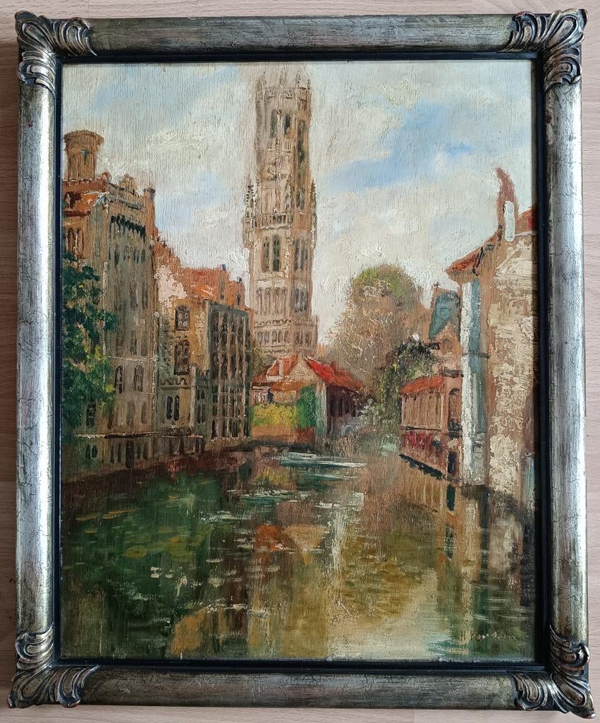 Poussin gesigneerd.Olieverf op paneel.Het Belfort in Brugge., Antiek en Kunst, Kunst | Schilderijen | Klassiek, Ophalen of Verzenden
